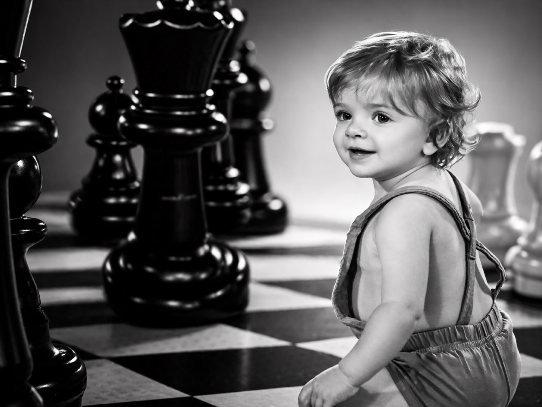 A child's portrait beside oversized chess pieces